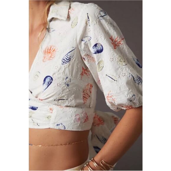 Anthropologie Maeve White Eyelet Seashell Collared Wrap V Neck Shirt Medium - Picture 10 of 16